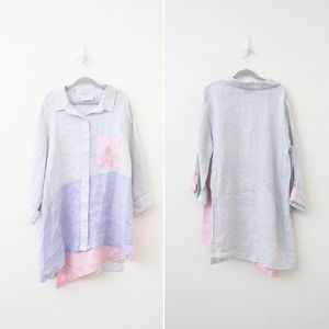 Habitat Linen Pastel Colorblock Button Down Shirt Asymmetrical Split Back